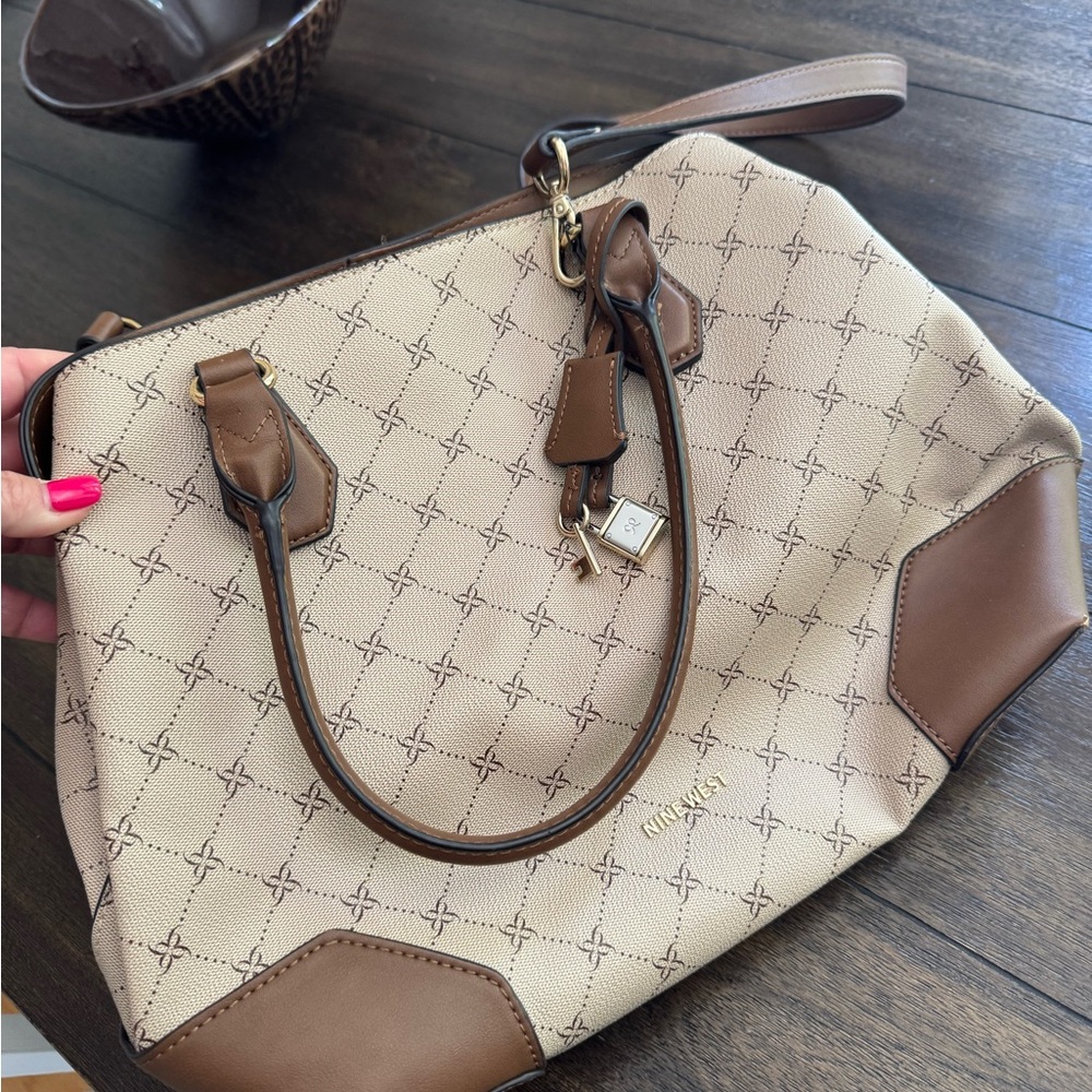 Nine West Cream and Brown Tote with Leather Accents